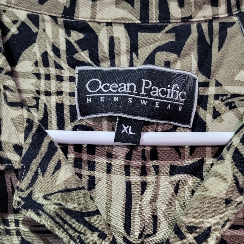 Ocean Pacific Men's Tan Floral Hawaiian Button Down Short Sleeve Shirt Size XL - Picture 3 of 6